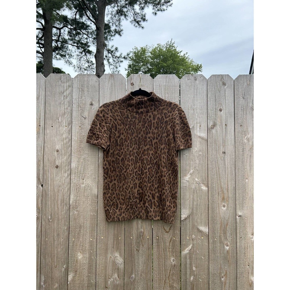 Women's American Living Animal Print Sweater Top Short Sleeve Medium Cotton Fall